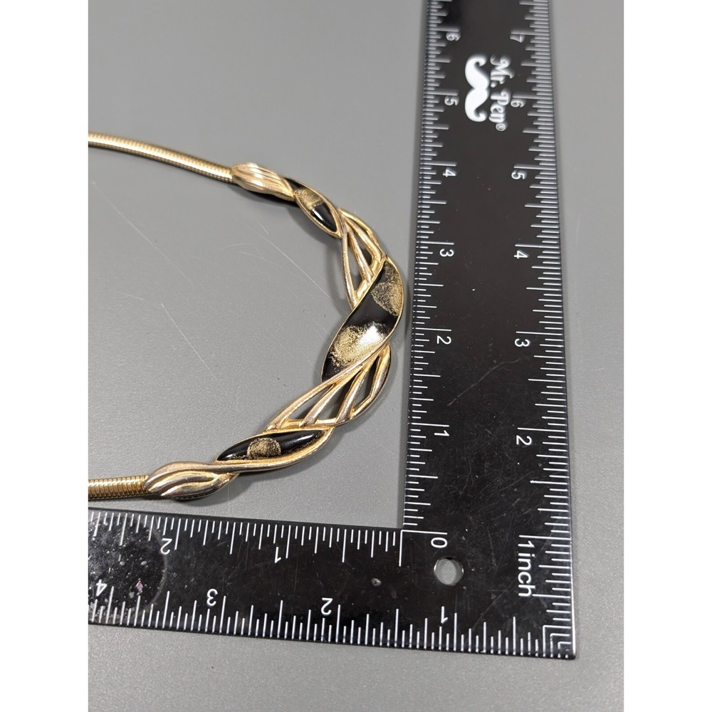Vintage Gold Tone Omega Chain Necklace Black Enamel V Bar Statement 16" - Picture 11 of 11